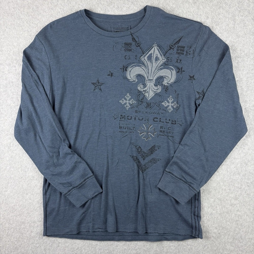 Retrofit Shirt Mens XL Blue‎ Graphic Fleur De Lis Grunge Punk Cyber Y2K Thermal